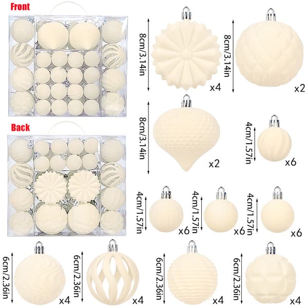Fløyelsmyke Julekulepynt Sett - 48 stk. Julekuler i Plast, Assorterte Størrelser (Beige)