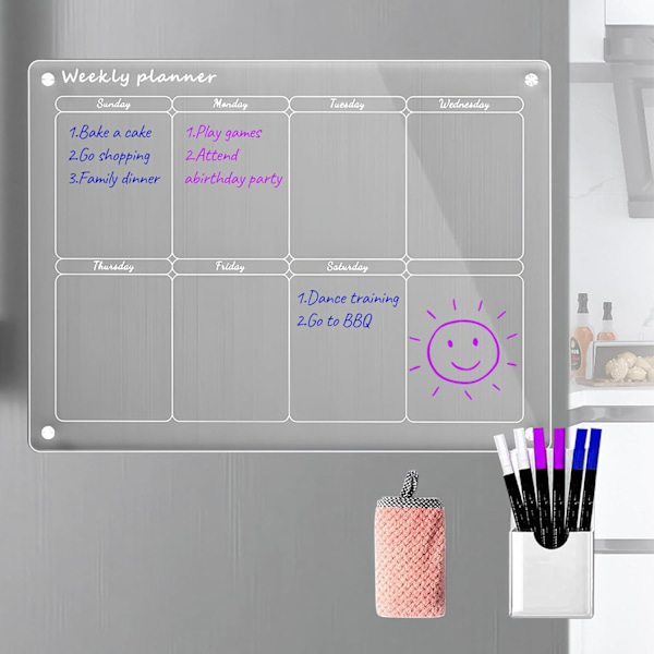 Akryl Magnetisk Ugekalender til Køleskab, Inkluderer 6 Whiteboardtusser med 3 Farver/Magnetisk Penholder/Håndklæde (16\"x 12\")