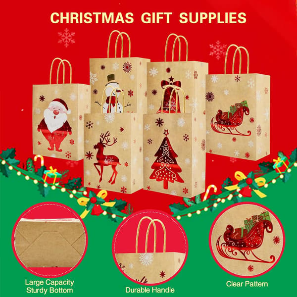 24 st Julklappspåsar, Bruna Julpåsar av Papper, Julgodispåsar, Presentpåsar med Handtag, Julpresentpåsar