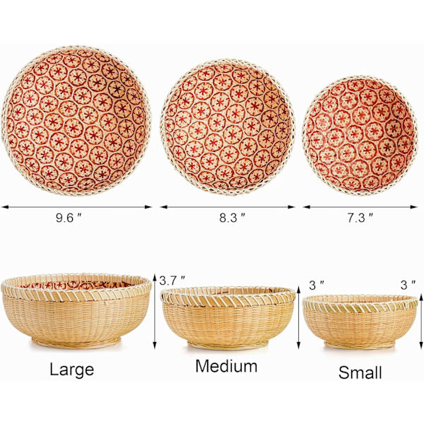 3 korin rottinkinen säilytyskori, bambu leipäkori pyöreä rottinkinen tarjoilukori maalaistalon sisustus, pinottava 9,6\"/8\"/7\"