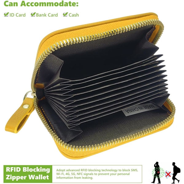 Korthållare för kvinnor, liten RFID-blockerande plånbok för damer med blixtlås i rostfritt stål, läderveck, rosa plånboksfodral Yellow