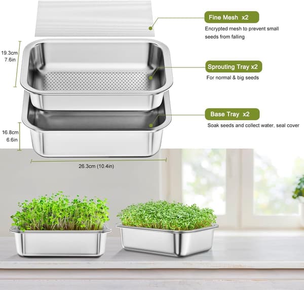2-pack groddbrickssats, jordfri odlingsgroddbricka i rostfritt stål för inomhusplantor
