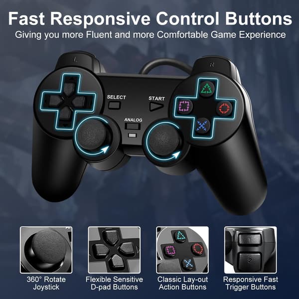 En kablet controller, kompatibel med PS2, med dobbelt vibration, ergonomisk greb og et gaming joystick.