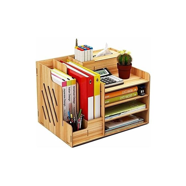 Träskrivbordsarrangör, kontorsmaterialarrangör, trä (brunt) för hem, kontor och skola
