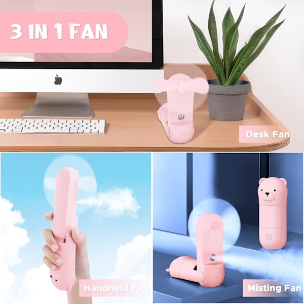 Kannettava kädessä pidettävä tuuletin, mini käsituuletin vesisuihkeella, kokoontaitettava tuuletin USB-ladattavalla akulla, taskukokoinen tuuletin 3 nopeudella Pink