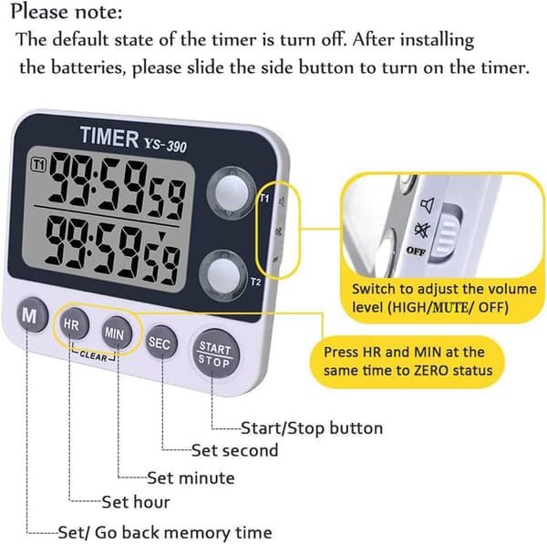 Dobbelt Digitalt Køkkenur, Justerbar Lydstyrke Timer, Madlavningstimer, Stopur, Stort LCD Display/Møde/Klassetimer (9.2*8*2.1cm)