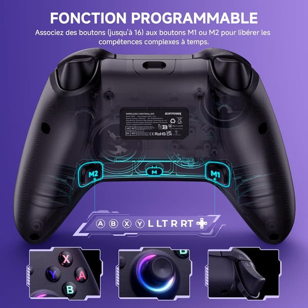 Controller med RGB-belysning, Hall-effekt-triggere, makroer, skifte-/turbofunktioner og vibration; Bluetooth Pro-controller.