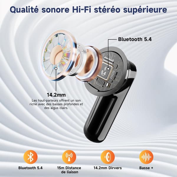 Trådløse Bluetooth 5.4 ørepropper, berøringsskjerm, 48 timers spilletid, svart