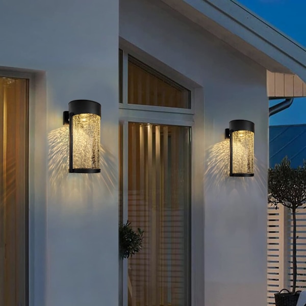 2-pack solcellslampor med sprucket glas för vägg, staket, trädgård, utomhus, vattentäta SMD LED-lampor för uteplats, däck, grind, gård, dekoration, varmt vitt