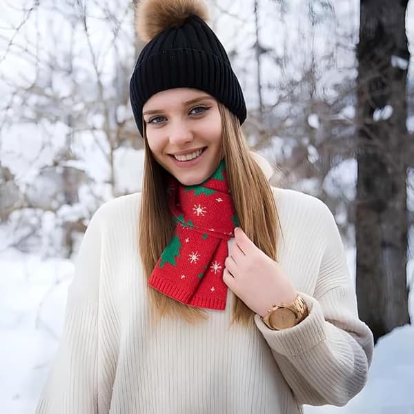 Jule skjerf, snømann skjerf, juletre skjerf, festlig vinter skjerf, vintertilbehør for julefester, utendørsaktiviteter