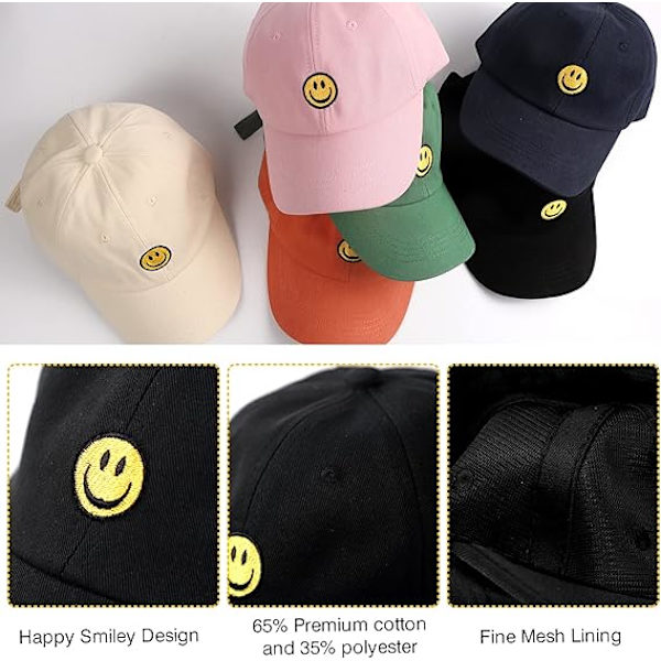 Smile Face Baseballcaps for småbarn, vasket, morsomme hatter, justerbare, søte caps for barn 3-12 år, svart