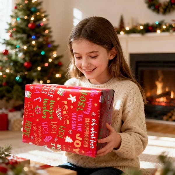 Röd presentpappersrulle - Julpapper med bokstavsmönster för jul, födelsedagar och bröllop - 43 cm x 10 m