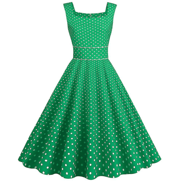 Dam Polka Dot Printed Big Swing Dress Retro ärmlös festklänning sommar Green L