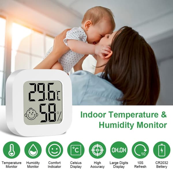2-pack Mini Hygrometer Termometer för Inomhusbruk, LED-Display med Komfortlogo för Miljötermometer för Hemmakontor Sovrum Trädgård