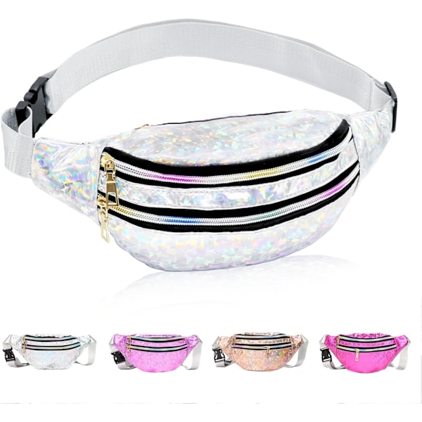 Holografisk Bumbag Mode PU Läder Midjeväska Vattentät Neon Fanny Pack för Resor Löpning Vandring silver