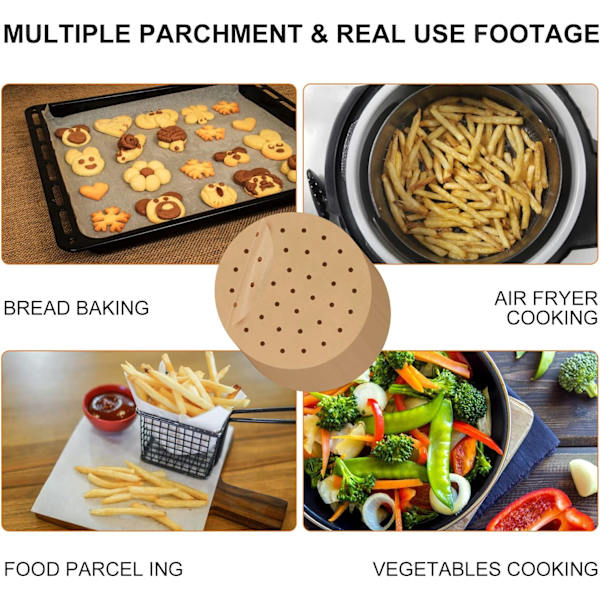 100 ark 8\" perforeret bagepapir til airfryer, dampkoger, non-stick bagepapir
