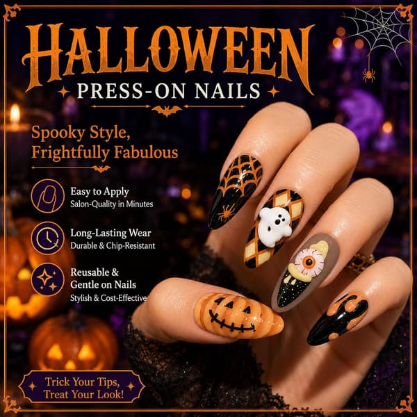 30 press-on negler Halloween mandel 3D blodøye gresskar design