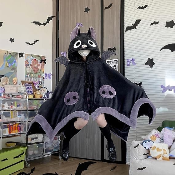 Sødt flagermus-hættetæppe, blødt hættetæppe til Halloween, cosplay, flagermuskappe til kvinder