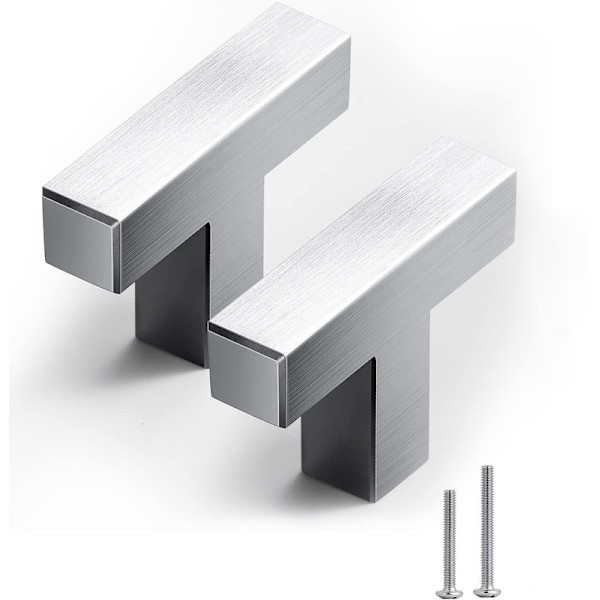 10-pack T-formade fyrkantiga handtag, skåphandtag med ett hål för skåp, garderob, badrum, byrådörrknoppar, borstad satin nickel