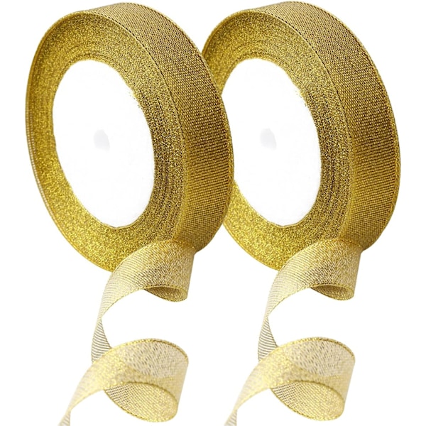 2-pack Guld Organza Julband, 20m 40mm Bredd Glittrande Dekorationer Inpackningsband för Jul Thanksgiving