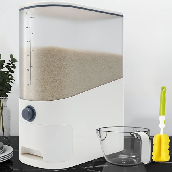12KG Risdispenser, Stor Forseglet Risopbevaringsbeholder Med Målekande, til Ris, Bønner, Fuldkorn, Kort Tørfoder