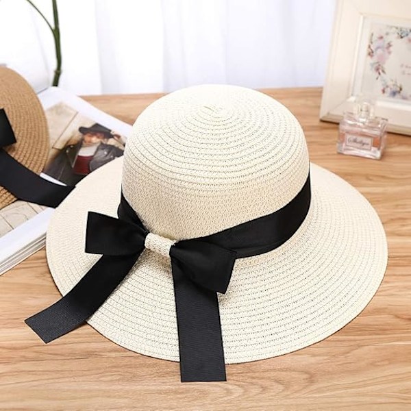 Solhatt för damer, diskett, hopfällbar, med rosett, stråhatt, sommarstrandhatt, UV-skydd UPF50 Cream white
