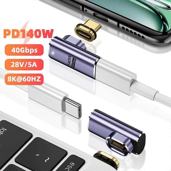 Magnetisk USB4 Type-C Front Elbow Converter 40Gbps 140W 5A Snabbladdning OTG Adapter