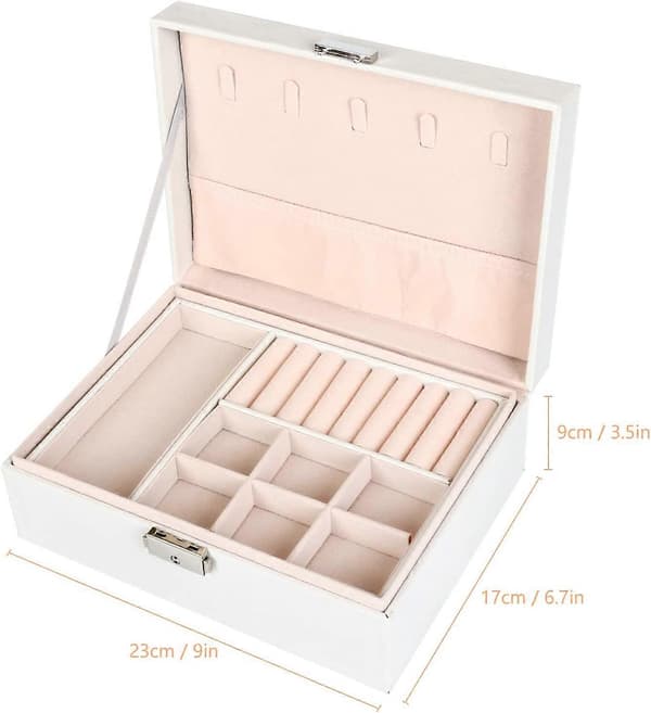 Smyckeskrin Organizer, 2-Lagers Låsbart Smyckeskrin PU Läder Display Smyckeshållare, Vit