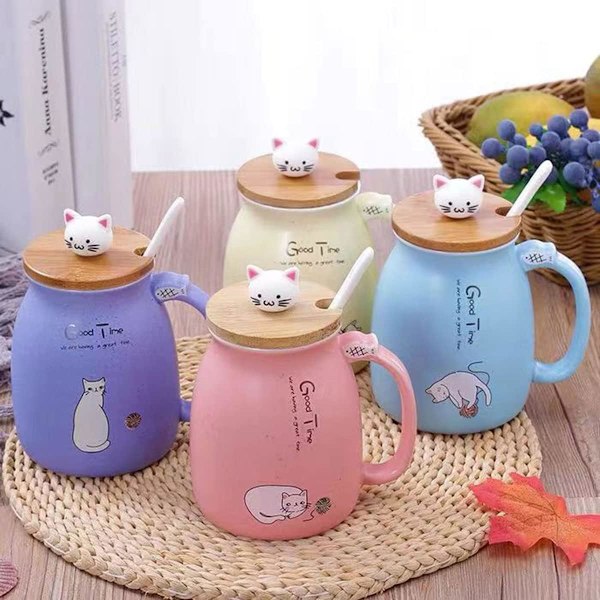 Keramisk Krus, Søtt Kattekrus for Kaffe, Kawaii Kattekopp med Lokk og Rustfritt Stål Skje, Kaffe- og Melkekrus, Blå, 420ML/14OZ
