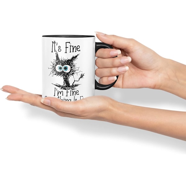 Det er fint, jeg er fint, alt er fint Katte-joke Farvet Krus Kop Gave Fødselsdag Arbejde Kontor Jul Te Kaffe (Sort) Black