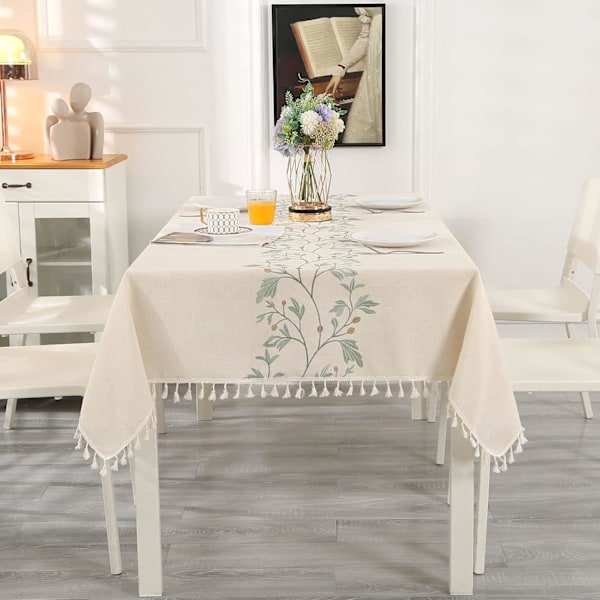 Rektangulär bomullslinneduk, dammsäker, tvättbar, beige bordsduk med tofsar, gröna broderade blad (140x200 cm)