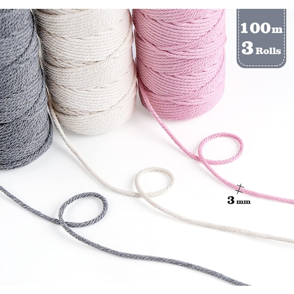 3 Rullar Macrame-snöre 3mmx100m, DIY-Snöre i Bomull för Väggbonader, Växtupphängningar, Hantverk, Stickning, Dekorativa Projekt Light gray + light pink + beige