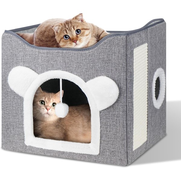 Kattesenge, stor kattehule til kæledyrshus med fluffy bold og kradsebræt, huse og lejligheder, kuber, gemmested