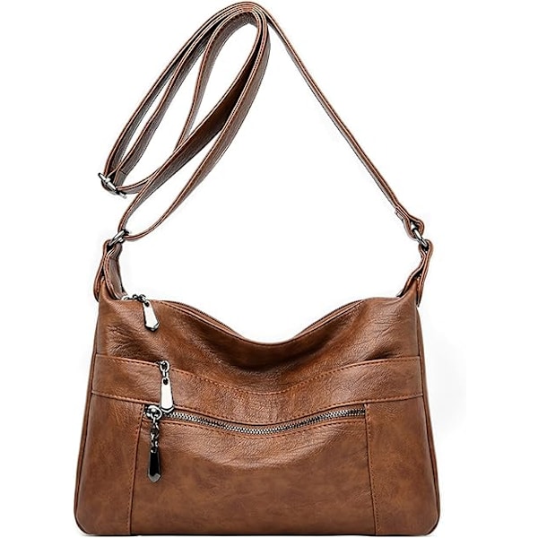 Dam Läder Crossbody Väskor Multi Ficka Mjukt Dam Läder Axelväska Handväska Lättviktig med Justerbar Axelrem