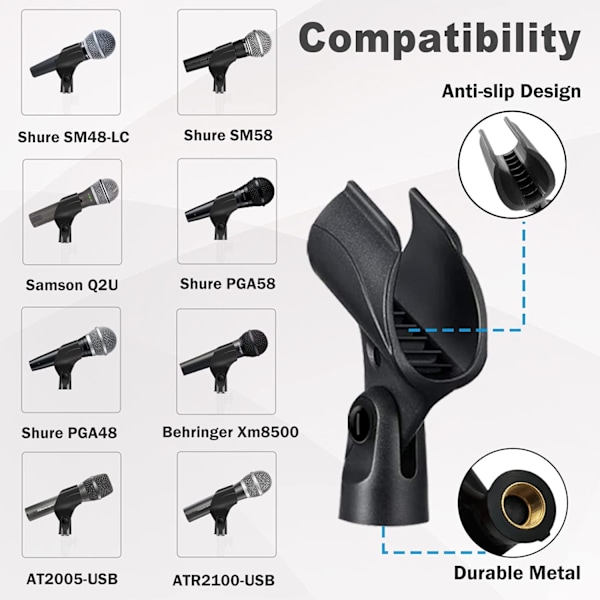 Universell mikrofonklämma, levereras med 5/8\" hane till 3/8\" hona skruvadapter, lämplig för handhållna mikrofoner, 2-pack