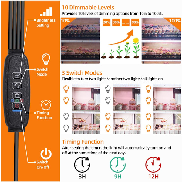 4 kpl LED-kasvivalo, ajastimella 3/9/12 tuntia, taimille, mehikasveille, vihanneksille ja kukille