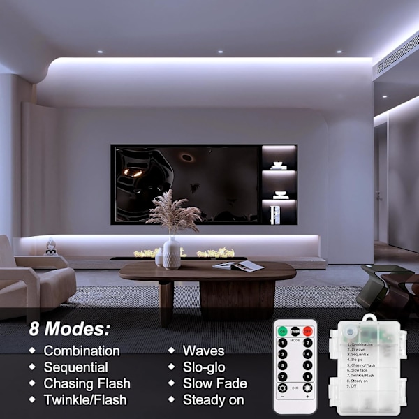 3m Batteridrevet LED Strip Lys med Fjernkontroll, Vanntett, 8 Moduser, Dimbar, Timer, Selvklebende Klippbar (Kald Hvit)