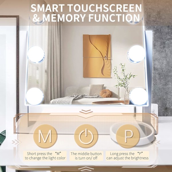 Hollywood sminkningsspegel med belysning, 3 färgtemperaturer och 12 dimbara glödlampor, smart touch-kontroll, 360° rotation, vit