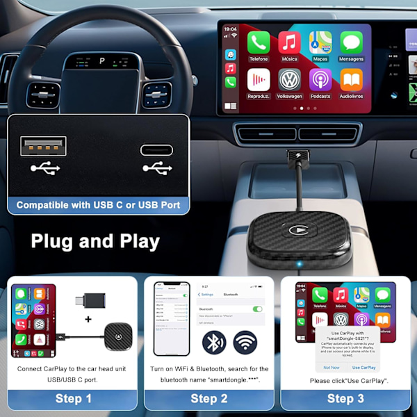 Langaton CarPlay iPhonelle, Langaton CarPlay-dongle muuntaa langallisen langattomaksi, autoihin vuosilta 2017-2024 ja iPhone iOS 11+