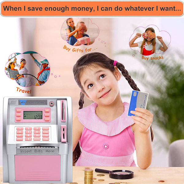 Pounds Version Elektronisk ATM Opsparingsbank Digital Pengeboks Maskine, Elektronisk Pengekasse, Stemmeprompt, Møntgenkendelse Silver pink