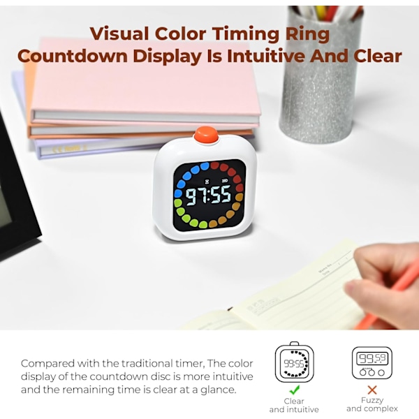 Visuell Timer, 99 Minuter Digital Laddningsbar Timer med 3 Lägen, LCD Färgrik Skärm Bakgrundsbelysning Rotationstimer - Vit