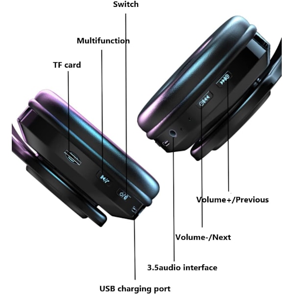 Trådlösa bluetooth-hörlurar - Färgglada lampor/Hopfällbara/Stor batterikapacitet/Inbyggd mikrofon - Bluetooth 5.0/10 m ren svart