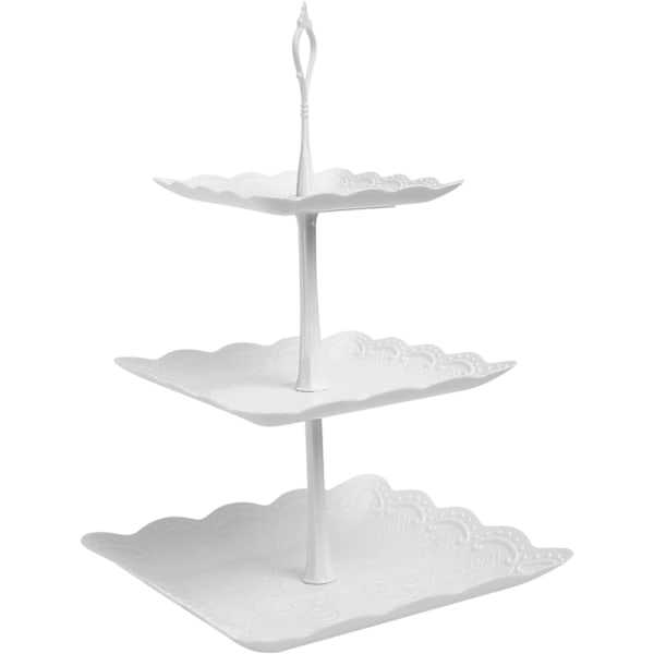 3-lags kakestativ, hvite ettermiddagste-stativ, gjenbrukbare firkantede plastkopper, kake-, frukt- og dessertserveringsfat til fester