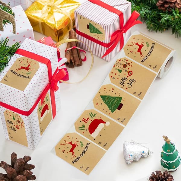 Gaveetiketter, selvklebende God Jul-navnelapper egnet for gavelapper i esker, poser, konvolutter (200 stk)