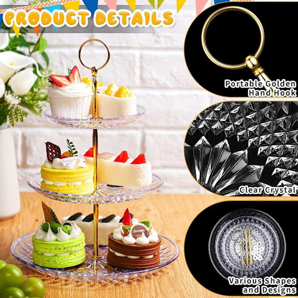 3-lags kageopsats, rund gul cupcake-udstillingsstand, klare akryl dessert-frugtplader, eftermiddagste-opsatser til festbryllup