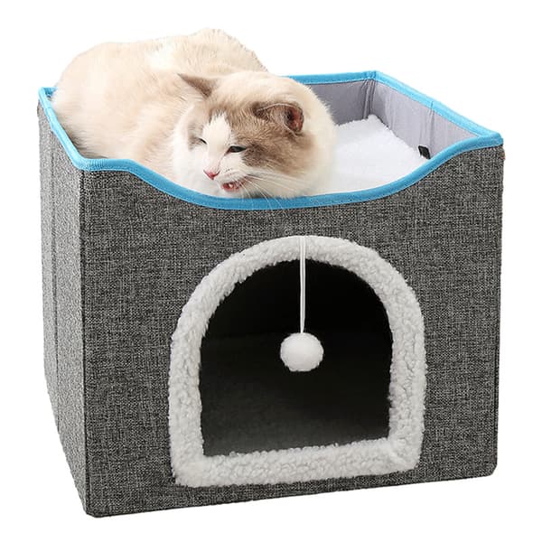 Sammenleggbar Kattehule Seng, Kattekubehus med 2 Vendbare Puter & Katteball, 41 x 41 x 35 cm, Grå