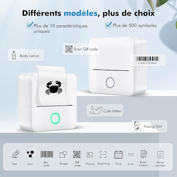 Selvklæbende Etiketprinter, Monokrom Bluetooth Termisk Printer, Mini Printer med 5 Selvklæbende Etiketter