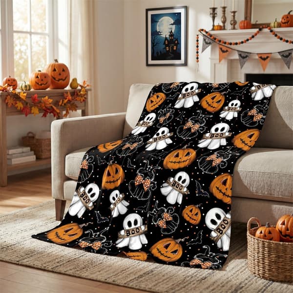 Halloween-teppe med gresskar- og spøkelsesdesign, 100x150 cm, myk sesongbasert teppedekorasjon.