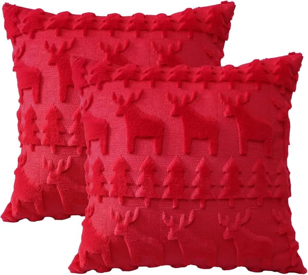 Sæt med 2 Jule-fløjlspudebetræk bløde dekorative pudebetræk til sofa soveværelse kontor stue Jul, 45*45cm Red