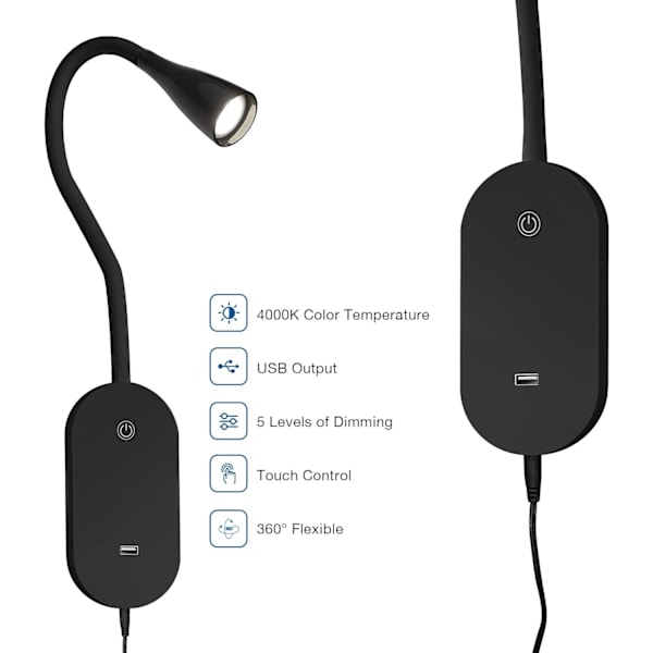 Vægmonteret Læselampe, Boglampe til Læsning i Sengen, Berøringsstyret USB-Udgang Moderne Læselampe, 5 Dæmpbare LED Fleksibel Svanehals 4000k, Sort